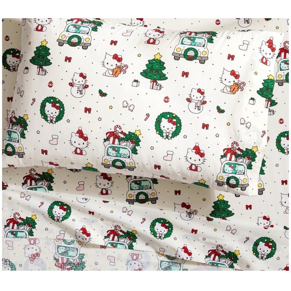 Pottery Barn Organic Hello Kitty Christmas Twin Sheet Set 100% Cotton Flannel